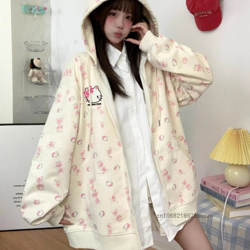 Sanrio Hello Kitty Cute Cat Hoodie Women's Autumn Winter New Loose Lazy Cardigan Japanese Style Y2k Sweet Soft Girl Trendy Coat