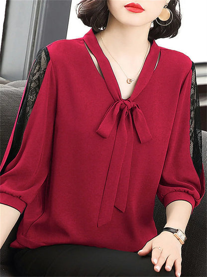 Women Spring Summer Style Blouses Tops Lady Casual Bow Tie Colloar Half Lace Sleeve Loose Blusas