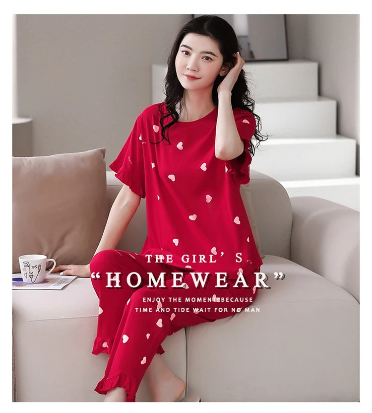 2024 Summer 100% Cotton Short Sleeve Long Pants Pajama Sets for Women Korean Cute Sleepwear Homewear Pijama Mujer Home Clothes