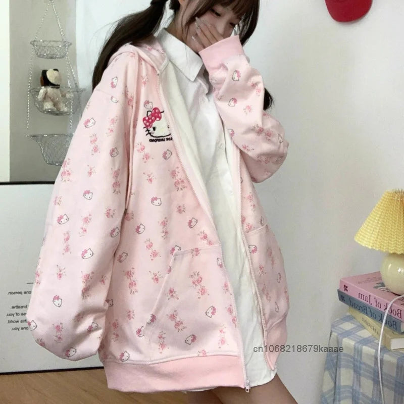 Sanrio Hello Kitty Cute Cat Hoodie Women's Autumn Winter New Loose Lazy Cardigan Japanese Style Y2k Sweet Soft Girl Trendy Coat