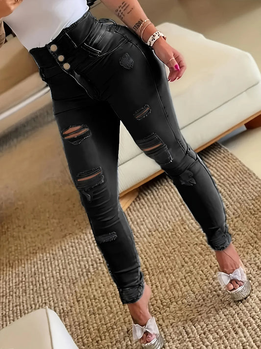 Ripped Holes Casual Skinny Jeans, Slash Pockets Distressed Single-Breasted Button High Waist Denim Pants, Women's Denim Jeans