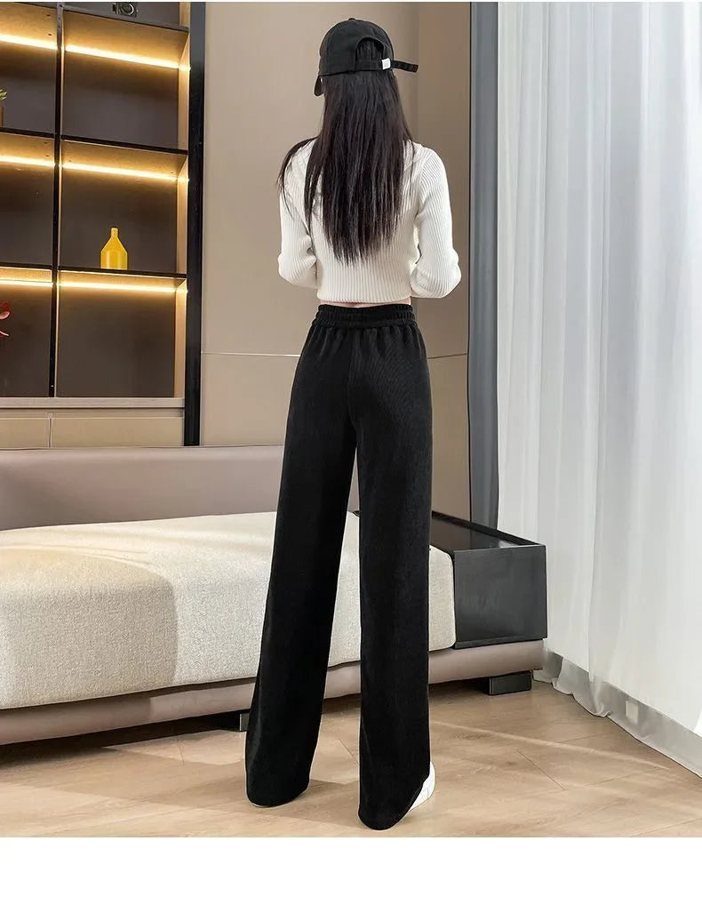 Fleece-lined Corduroy Bell Bottoms High-waisted Loose-fit Thickened Sport Casual Straight-leg Pants For Women