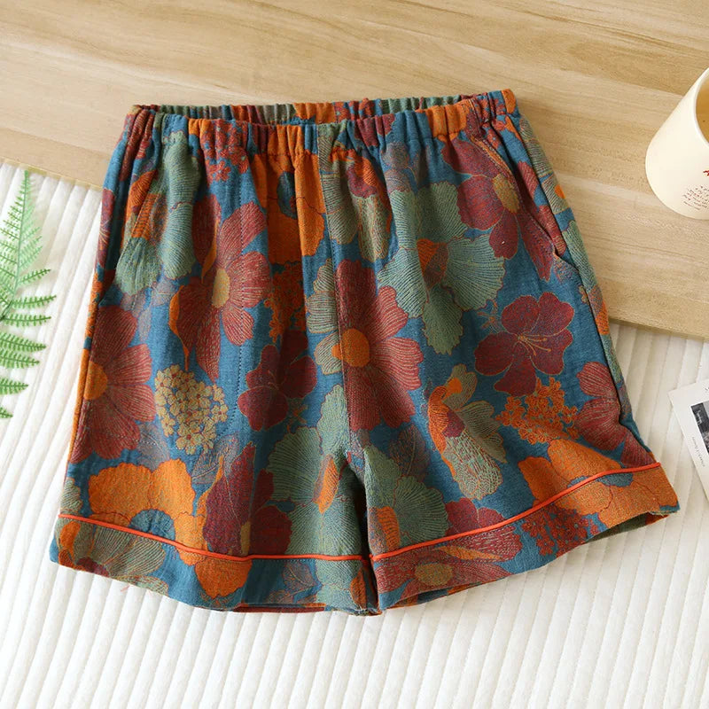 2024 New Summer Women's Pajamas 100% Cotton Shorts Yarn-dyed Jacquard Shorts Women's Loose Home Pants Thin Home Pants Pajamas