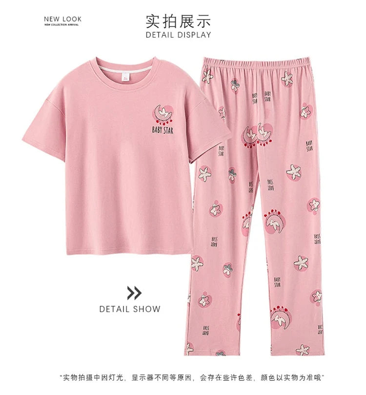 2024 Summer 100% Cotton Short Sleeve Long Pants Pajama Sets for Women Korean Cute Sleepwear Homewear Pijama Mujer Home Clothes