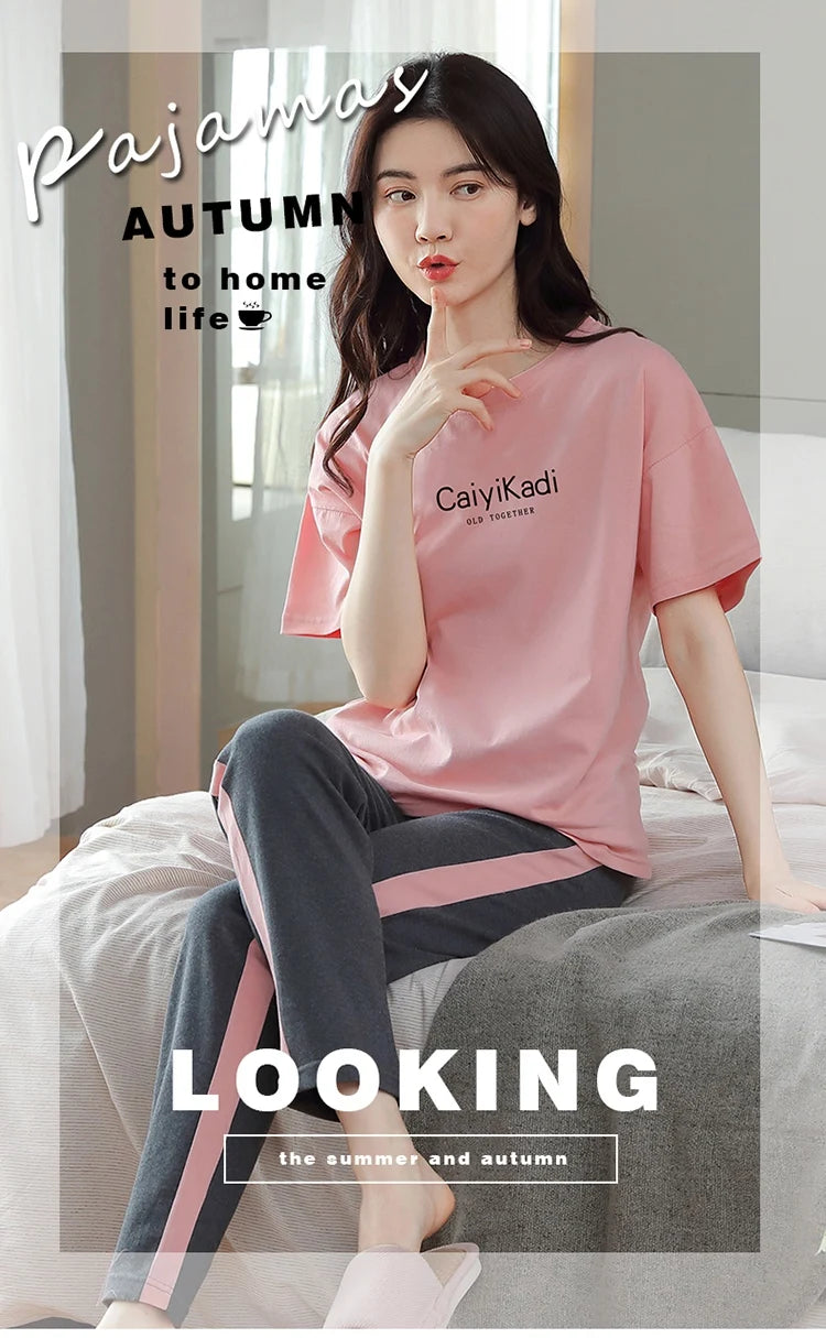 2024 Summer 100% Cotton Short Sleeve Long Pants Pajama Sets for Women Korean Cute Sleepwear Homewear Pijama Mujer Home Clothes