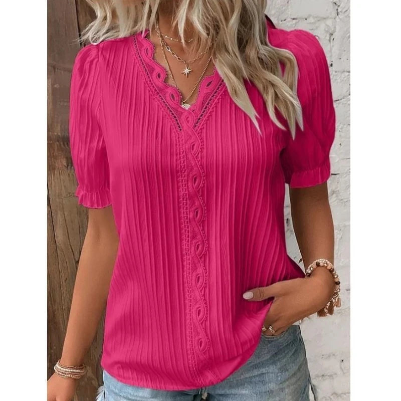 Elegant Blouse Solid Shirt Lace 2023 Summer Fashion Hollow Short Sleeve Pullover Top Office Lady Shirt S-5XL