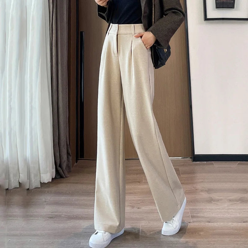 2024 Autumn Winter Women Concise Woolen Pants Lady Wide Leg Designer Outside Trousers Female Thicken High Waisted Draping Pants