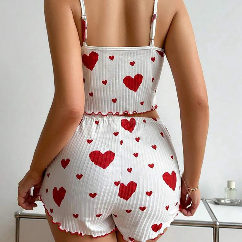 Women's Summer 2PCS Pajama Set Sling Vest with Shorts 2025 Newly Love Heart Print Spaghetti Strap Camisole Sleepwear for Girls