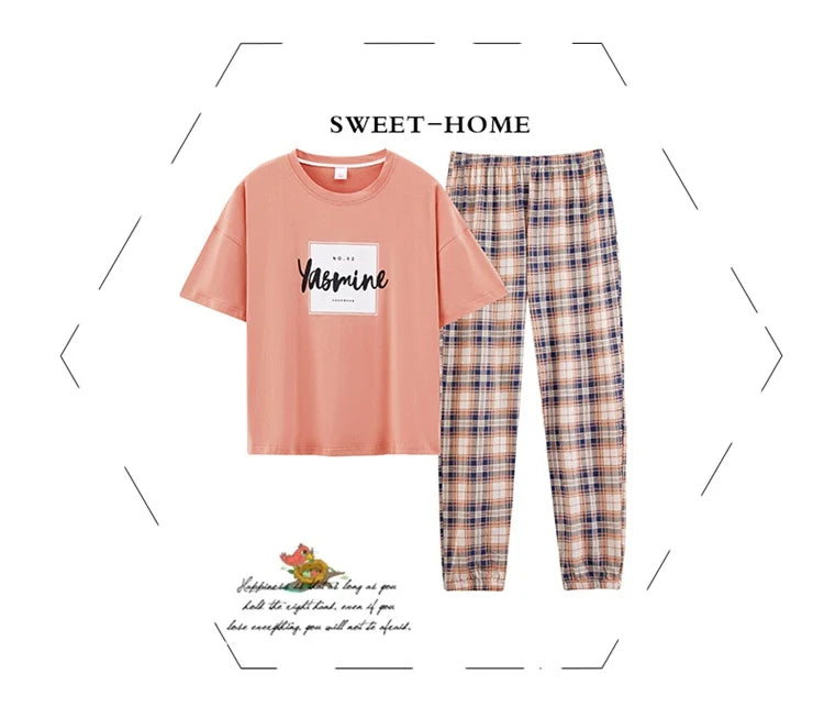 2024 Summer 100% Cotton Short Sleeve Long Pants Pajama Sets for Women Korean Cute Sleepwear Homewear Pijama Mujer Home Clothes