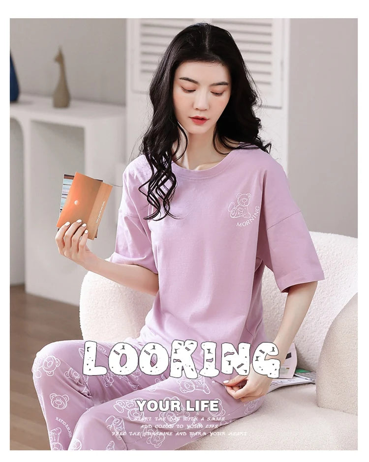 2024 Summer 100% Cotton Short Sleeve Long Pants Pajama Sets for Women Korean Cute Sleepwear Homewear Pijama Mujer Home Clothes