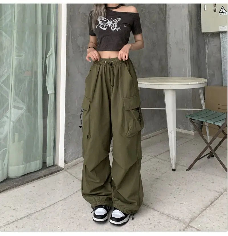 Women Long Cargo Pants Summer Elastic Waist Pocket Baggy Straight Loose Pants Casual Women Korean Trousers CDPF-WYP-51