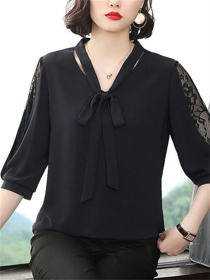 Women Spring Summer Style Blouses Tops Lady Casual Bow Tie Colloar Half Lace Sleeve Loose Blusas