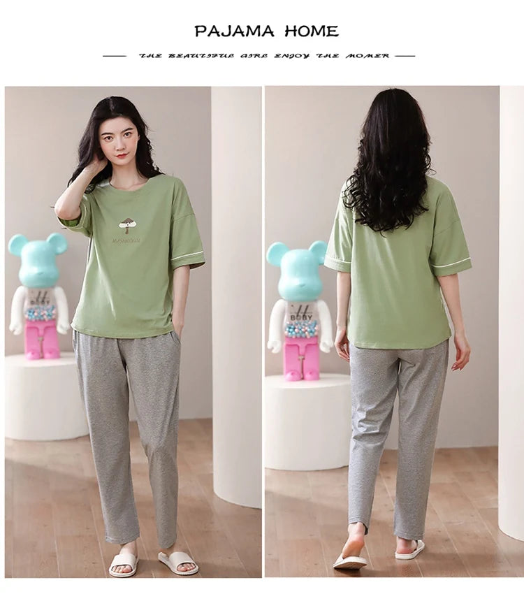 2024 Summer 100% Cotton Short Sleeve Long Pants Pajama Sets for Women Korean Cute Sleepwear Homewear Pijama Mujer Home Clothes