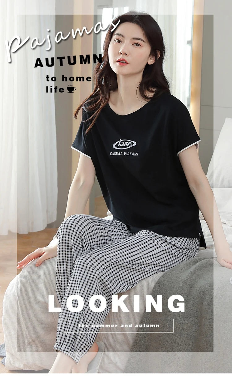 2024 Summer 100% Cotton Short Sleeve Long Pants Pajama Sets for Women Korean Cute Sleepwear Homewear Pijama Mujer Home Clothes