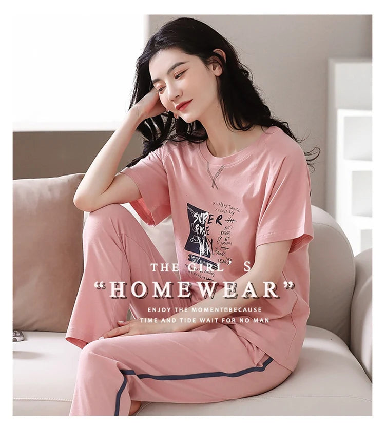 2024 Summer 100% Cotton Short Sleeve Long Pants Pajama Sets for Women Korean Cute Sleepwear Homewear Pijama Mujer Home Clothes