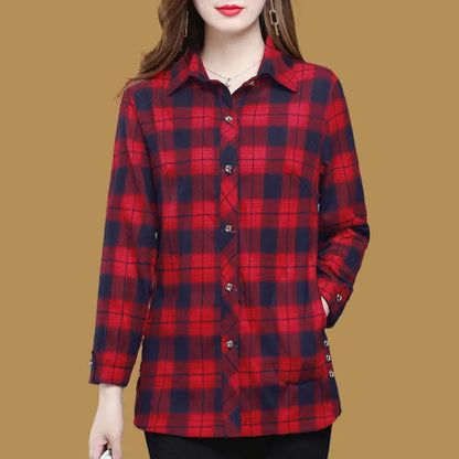 Spring Autumn Elegant Fashion Harajuku Plaid Tops Women Loose Casual All Match Lady Shirt Polo Collar Button Long Sleeve Blusa