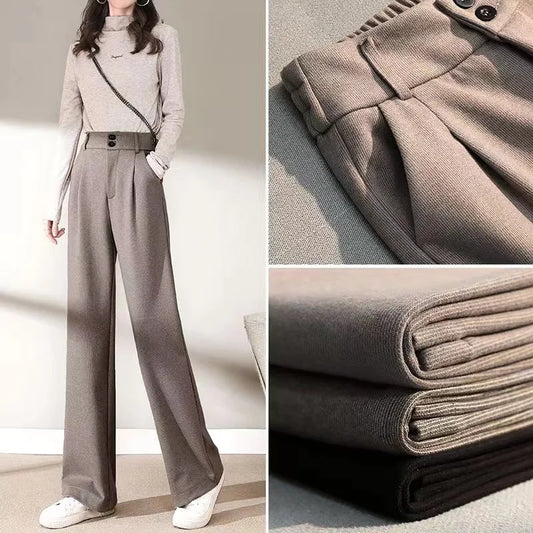 2024 Autumn Winter Women Concise Woolen Pants Lady Wide Leg Designer Outside Trousers Female Thicken High Waisted Draping Pants