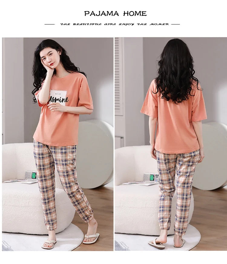 2024 Summer 100% Cotton Short Sleeve Long Pants Pajama Sets for Women Korean Cute Sleepwear Homewear Pijama Mujer Home Clothes