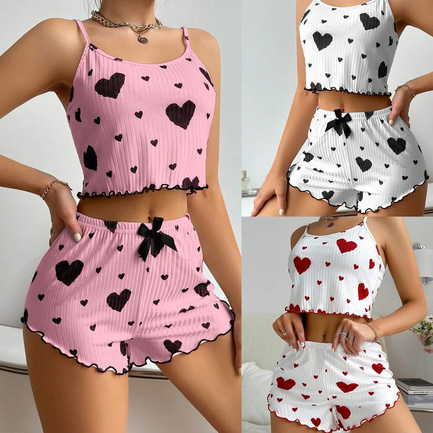 Women's Summer 2PCS Pajama Set Sling Vest with Shorts 2025 Newly Love Heart Print Spaghetti Strap Camisole Sleepwear for Girls