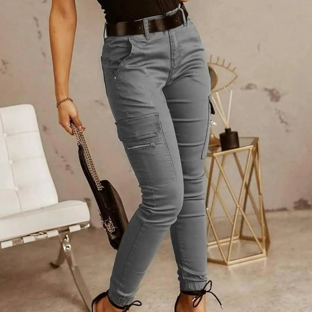 Casual Office Lady Trousers Lady Cargo Pants Low Waist Solid Color Ankle Tied Pants  Slim