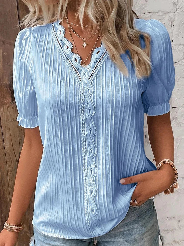 Women's Summer New Top 2024 Solid Sexy V-Neck Hollow Short Sleeve