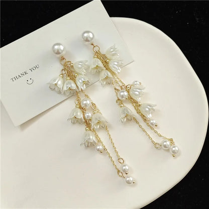 Long Earrings Acrylic White Flower Tassel Dangle Earrings for Women Wedding Party Imitation Pearl Trendy Statement Jewelry Gift