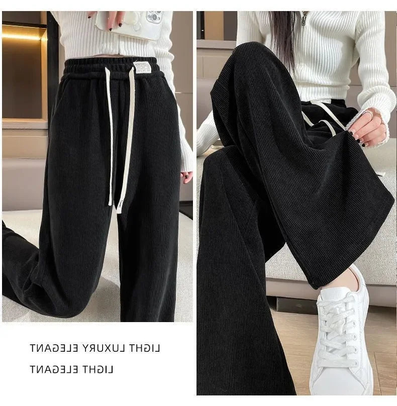 Fleece-lined Corduroy Bell Bottoms High-waisted Loose-fit Thickened Sport Casual Straight-leg Pants For Women