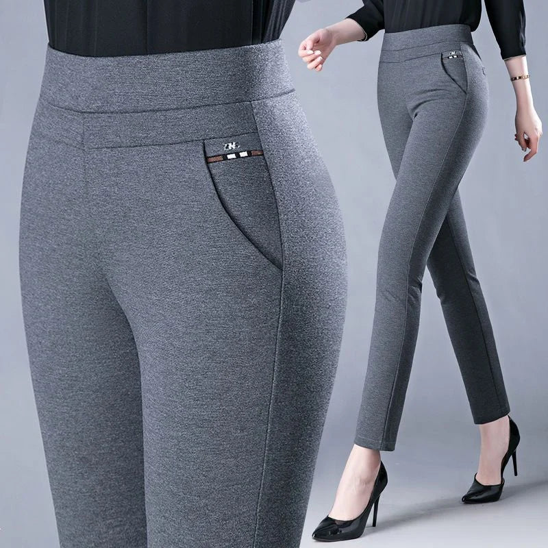 Fashion All Match Black Gray Pencil Pants Spring autumn Elegant High Waist Casual Stretch Slim Middle Aged Women Trousers Ladies