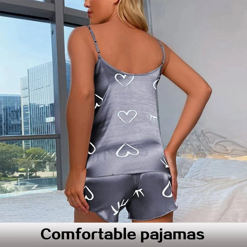 Two Piece Summer Sexy Camisole Printed Heart-Shaped Pajama Set for Women's Fashionable and Caring Home Casual Pajamas