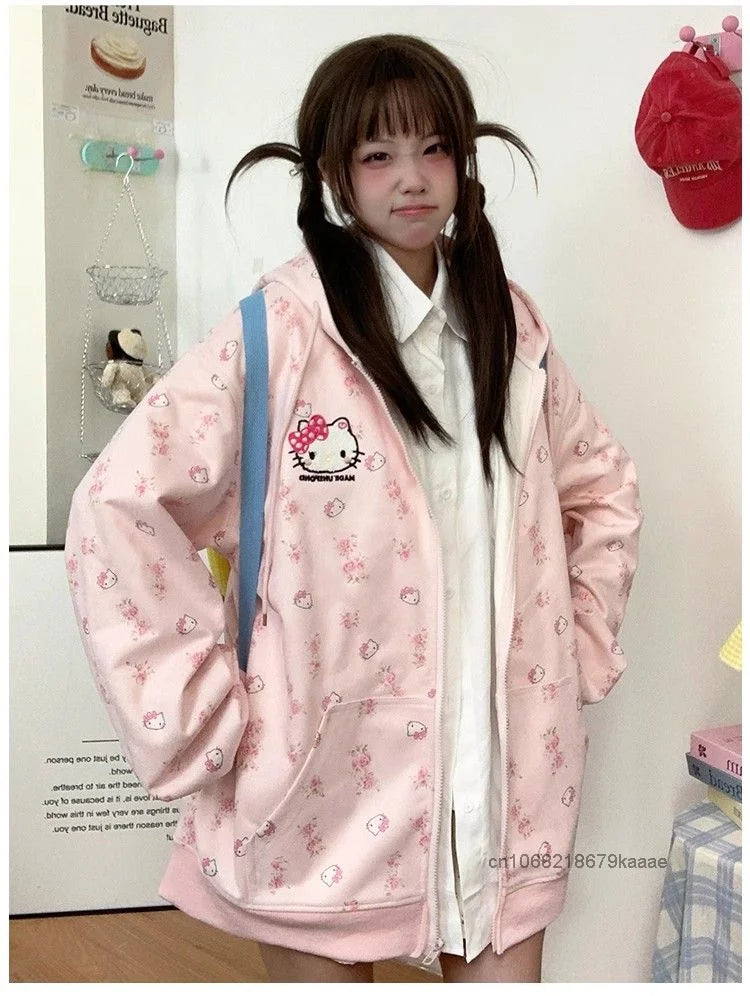 Sanrio Hello Kitty Cute Cat Hoodie Women's Autumn Winter New Loose Lazy Cardigan Japanese Style Y2k Sweet Soft Girl Trendy Coat