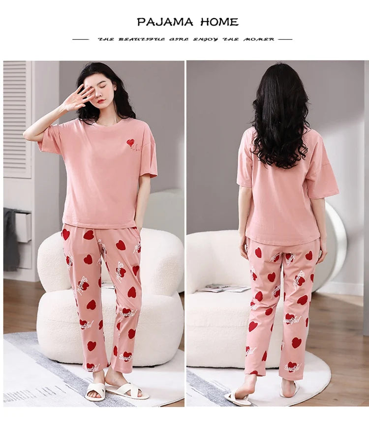 2024 Summer 100% Cotton Short Sleeve Long Pants Pajama Sets for Women Korean Cute Sleepwear Homewear Pijama Mujer Home Clothes