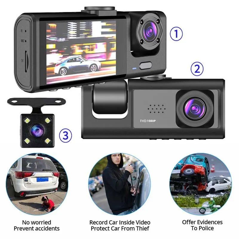 Dash Cam con registrazione in loop per visione notturna IR e fotocamera 1080P 3 con schermo IPS da 2".