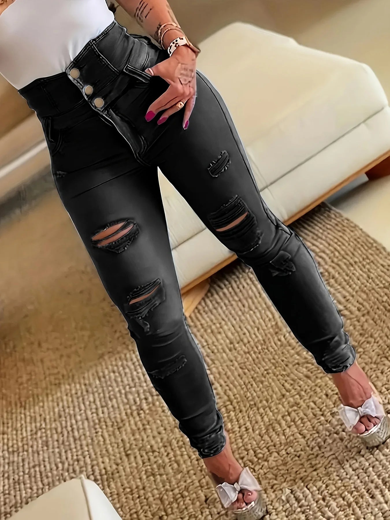 Ripped Holes Casual Skinny Jeans, Slash Pockets Distressed Single-Breasted Button High Waist Denim Pants, Women's Denim Jeans