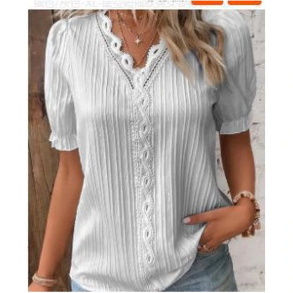 Elegant Blouse Solid Shirt Lace 2023 Summer Fashion Hollow Short Sleeve Pullover Top Office Lady Shirt S-5XL